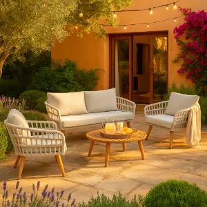 Beyaz Koltuklar Modern Ahşap Ayaklı Bahçe Oturma Takımı