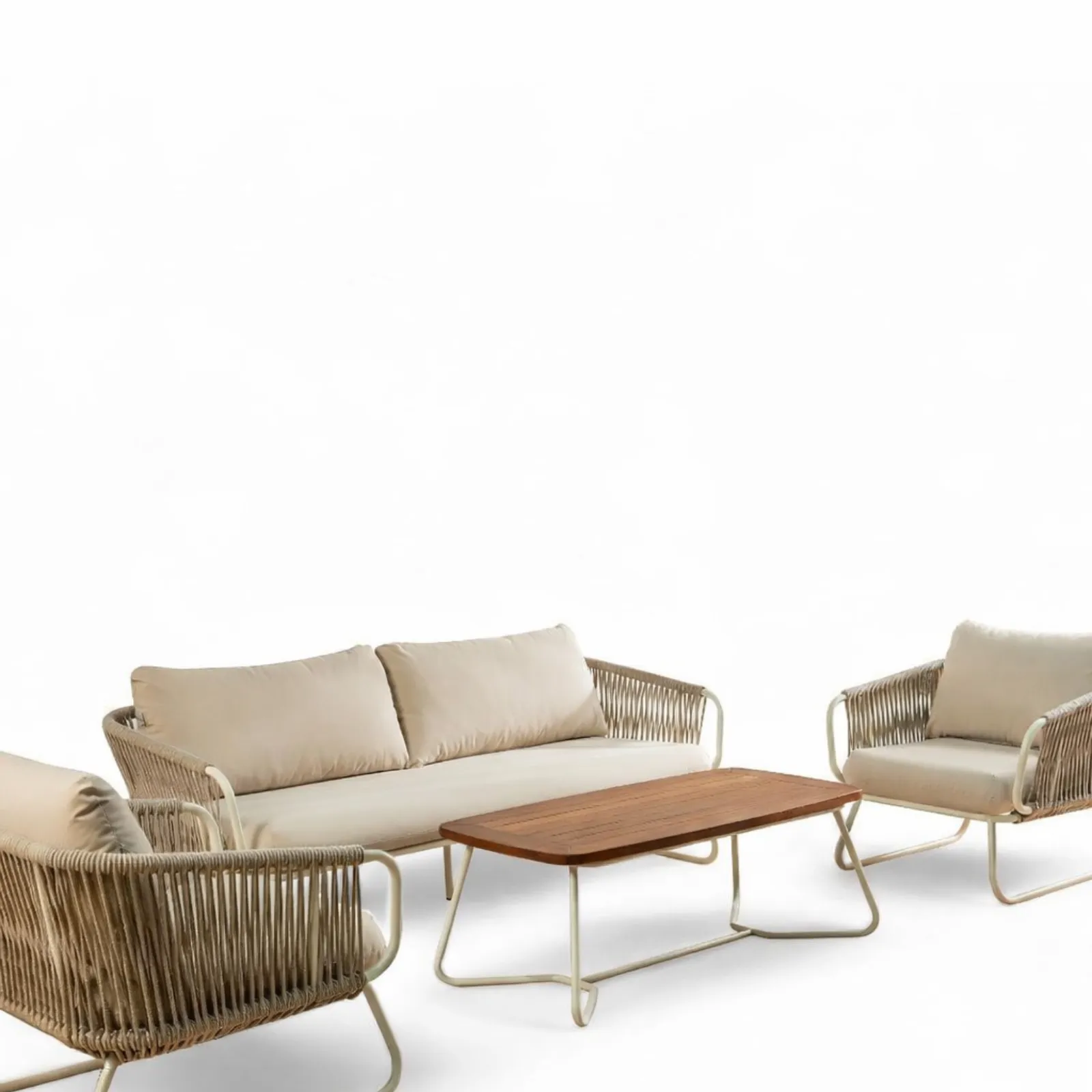 Halat Örgülü Metal Bahçe Oturma Grubu 3+1+1 Sehpalı | Modern Dış Mekân Takımı