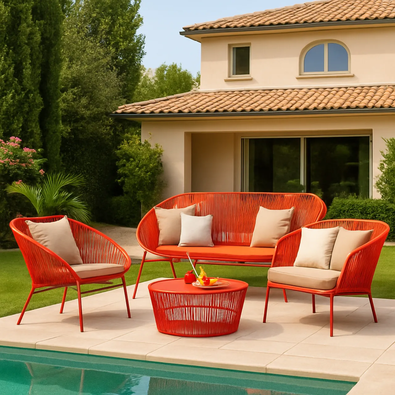 Kırmızı Turuncu Chair Takım Modern Tasarımlı Bahçe Oturma Seti