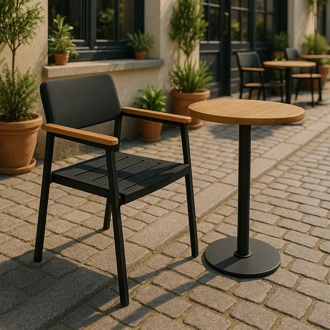 Lia  Siyah Modern Alüminyum ve Ahşap Kollu Bahçe Sandalyesi